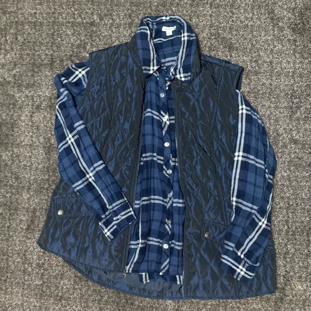 Women's Blue Quilted Vest with Plaid Shirt